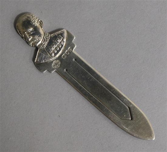 A late Victorian silver Lord Kitchener bookmark, J. Batson & Son, London, 1900, 83mm.